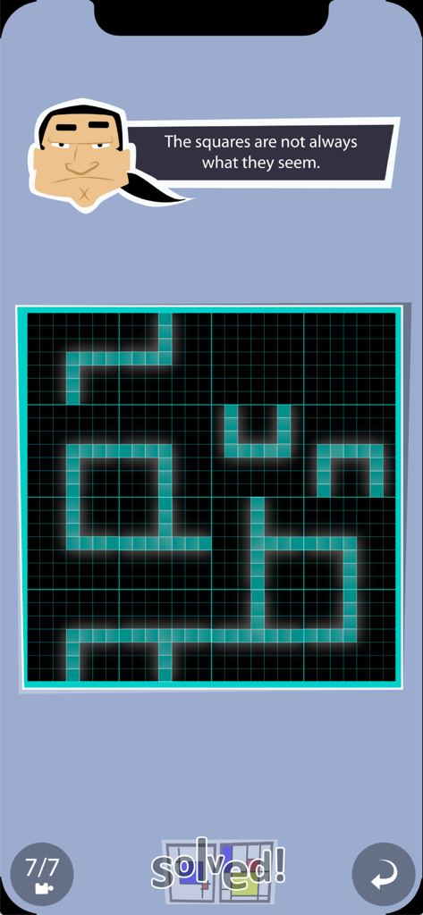 Un écran d'énigme de grille résolue dans Mystery Puzzle Museum présentant un personnage donnant un indice.