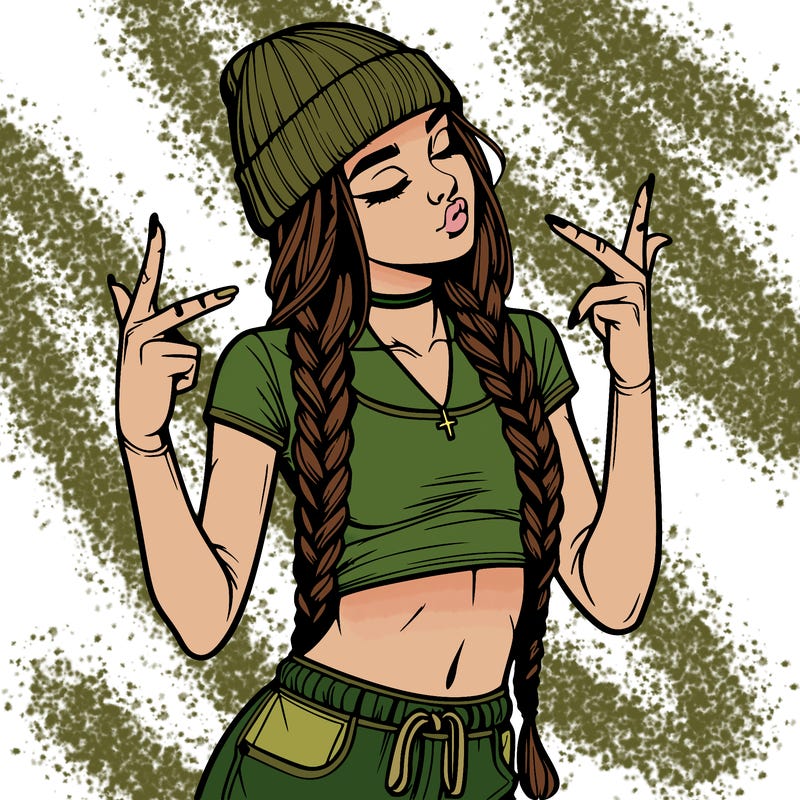 realistic teenage girl with braids and a beanie and crop top doing 🫶🏼