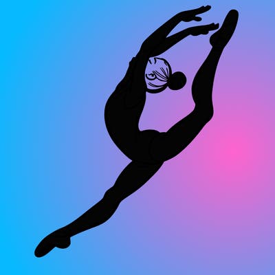 gymnast doing a leap in a leotard with a bent back leg