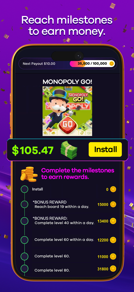 Mobile app interface showing milestones to earn money by playing Monopoly Go on Playful Rewards
