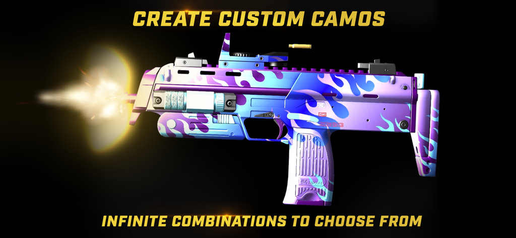A gun with a custom purple and blue flame camouflage skin being fired in iGun Pro 2