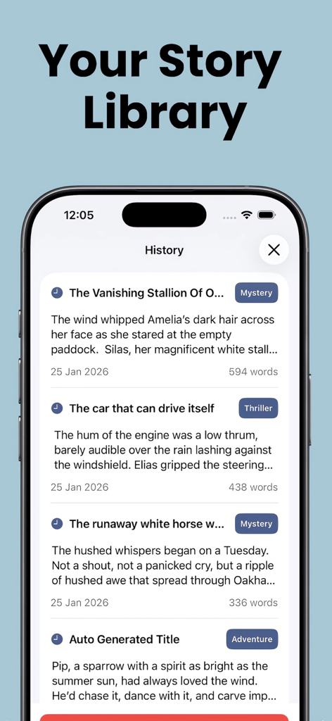 Story Generator - StoryMaker - A smartphone screen showing the story library of the StoryMaker app with various AI-generated story titles and genres