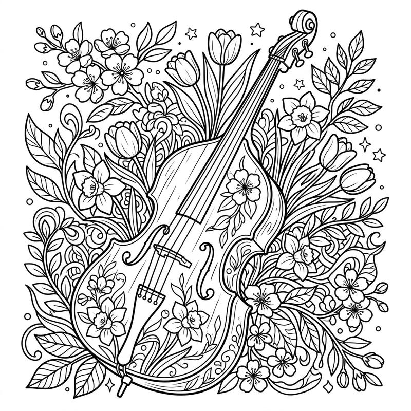 Immerse yourself in the enchanting blend of music and nature with this unique bass guitar coloring page. Adorned with delicate spring blossoms, it offers a harmonious and detailed artistic escape.