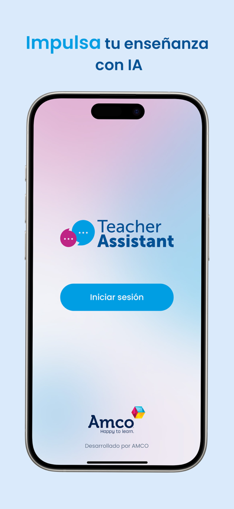AI Teacher Assistant - Anmeldebildschirm der KI-Lehrerassistent-App mit dem Amco-Logo und dem Slogan 'Unterricht mit KI fördern'