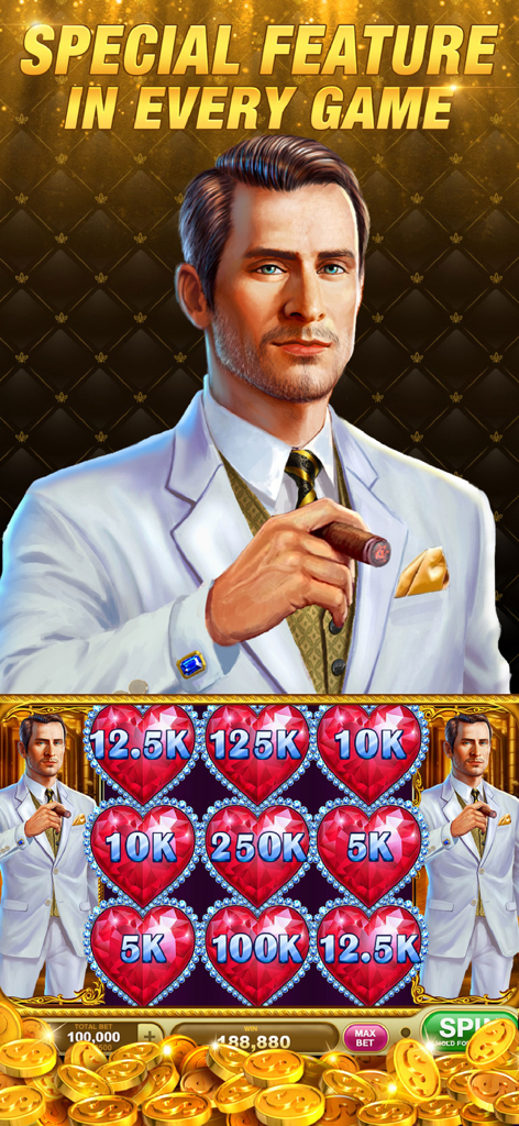 A sophisticated man in a white suit holding a cigar above slot reels featuring red heart bonuses in Slots Rush Vegas Casino Slots