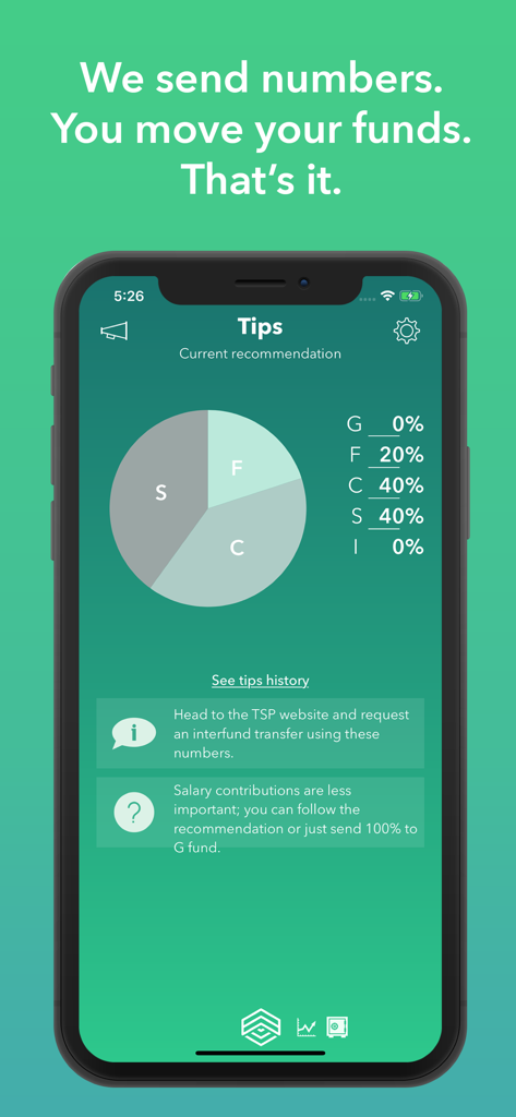 TSP TIPS mobile app screen displaying current fund allocation recommendations with a pie chart