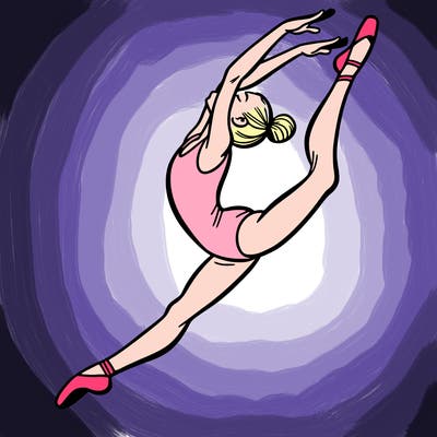 gymnast doing a leap in a leotard with a bent back leg
