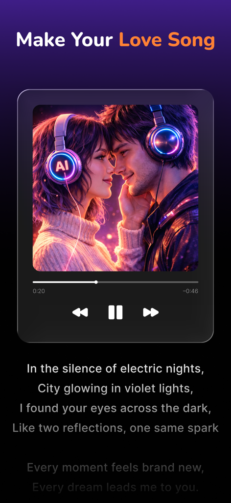 AI Song maker. Music generator - Interface de um aplicativo gerador de música com IA mostrando uma música de amor gerada com letras e arte de capa romântica