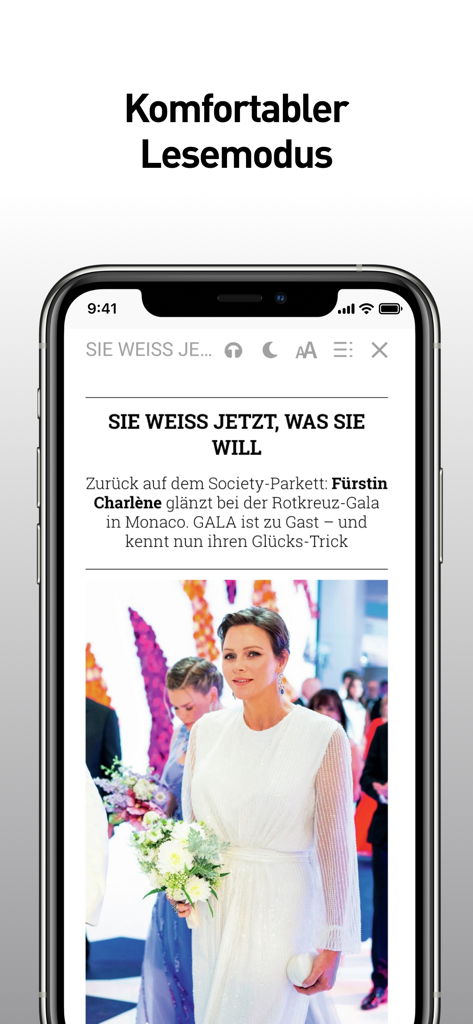 GALA Magazin - GALA Magazin App-Screenshot, der den komfortablen Textlesemodus mit einem Artikel über Prinzessin Charlene von Monaco zeigt.