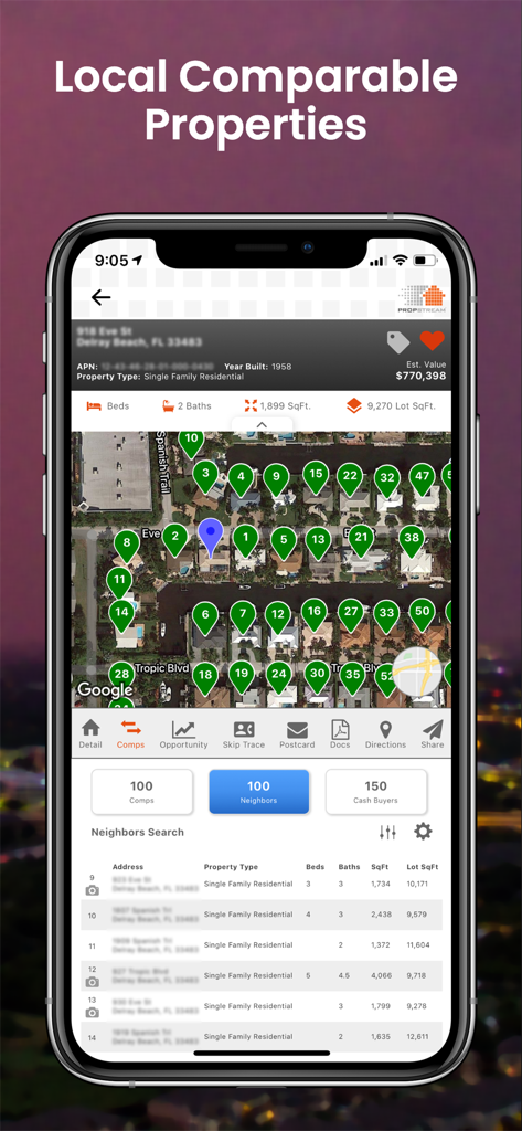 PropStream - PropStream mobile app screen displaying local comparable properties on a map and neighborhood search data for real estate professionals.