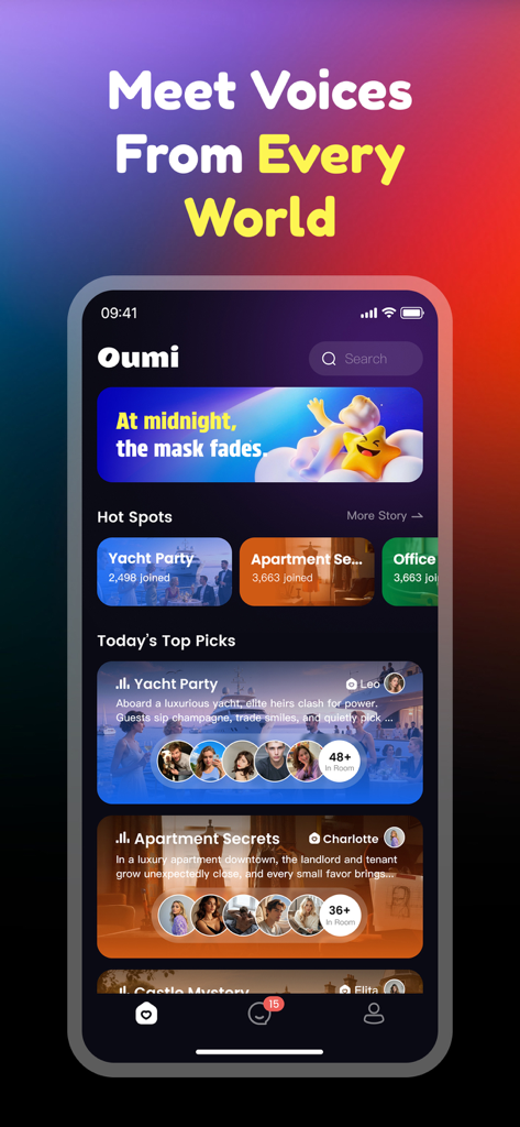 Oumi app home screen showing various interactive roleplay settings and characters.