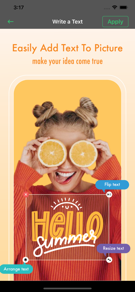 Word Swag-Text with Cool Fonts - Mobile app interface of Word Swag with Hello Summer typography on a woman photo.