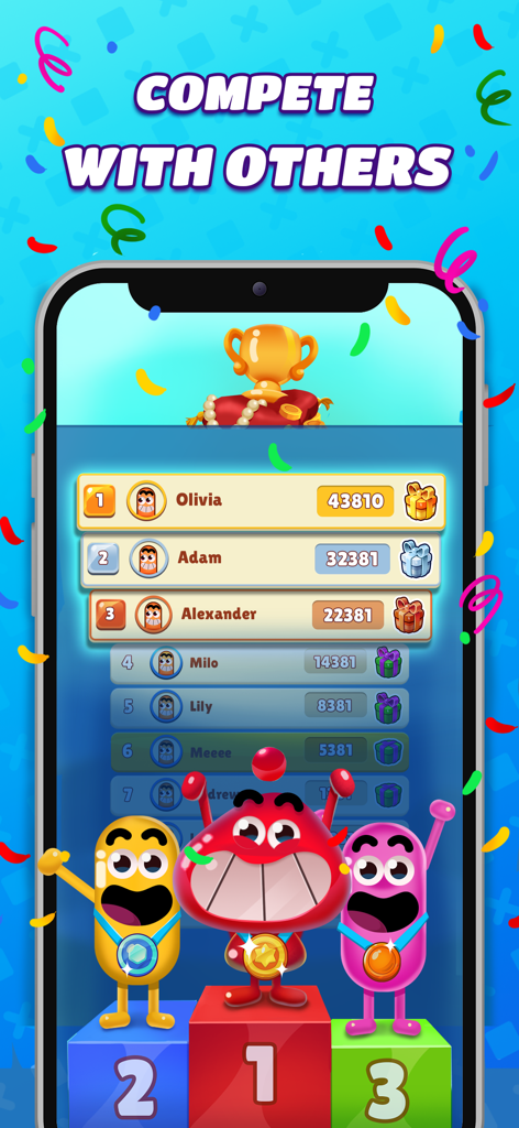 Nonogram Crossing Logic Puzzle - Handy-Spielbildschirm, der eine Wettbewerbs-Rangliste mit platzierten Spielern und niedlichen Charakteren auf einem Siegerpodest zeigt.