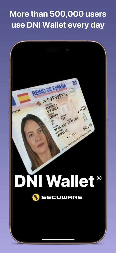 A smartphone displaying the DNI Wallet app with a Spanish national identity card and text stating that more than 500,000 users use it daily.