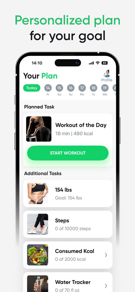 Fit4Me: Workout & Weight Loss - Fit4Me app screen displaying a personalized daily workout plan with calorie, step, and water trackers