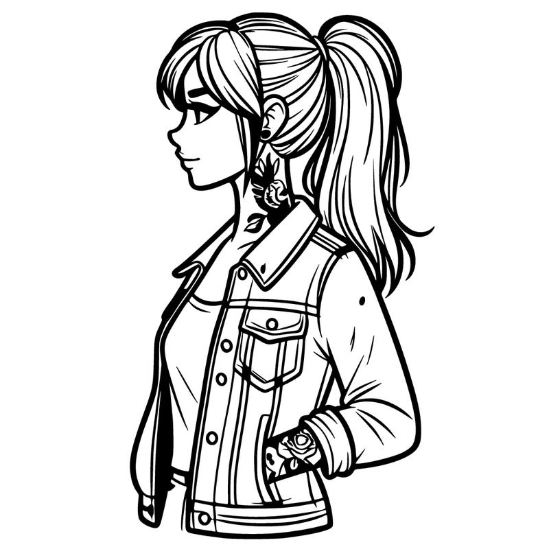 woman in jean jacket with tattoos and a ponytail