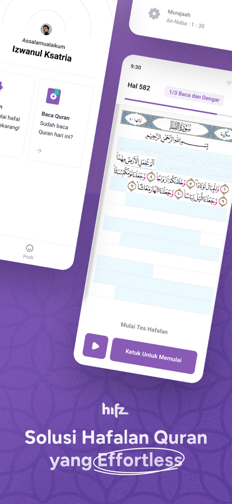 Hifz: Hafalan Qur’an Modern - Hifz-App-Oberfläche auf zwei Smartphones, die ein Benutzer-Dashboard und einen Koran-Auswendiglärungsbildschirm mit versteckten Versen zeigt