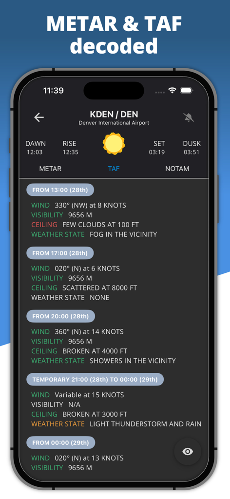 Airfield Watch - METAR & TAF - Airfield Watch 앱의 덴버 국제공항에 대한 디코딩된 TAF 항공 날씨 예보