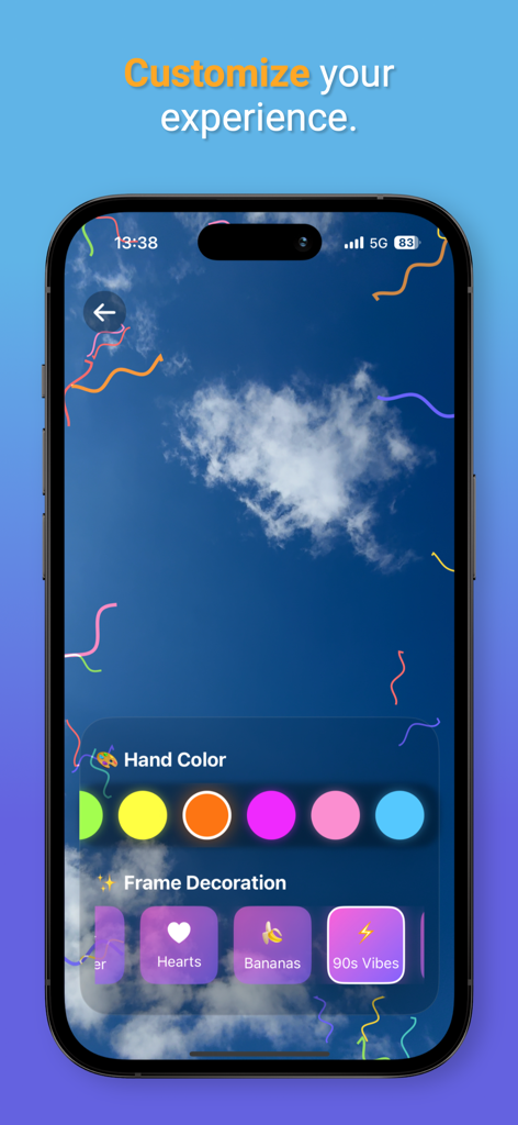 Handy Dance - Menu de personalização do aplicativo Handy Dance mostrando opções de cores para as mãos e decorações de moldura como corações e bananas sobre um fundo de céu azul