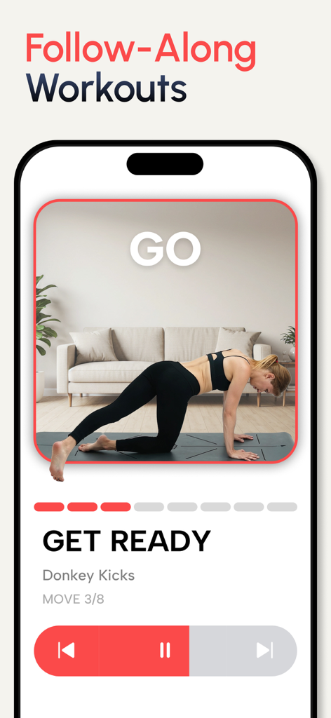 Fit Path: Workout for Women - Fit Path app interface displaying a follow-along video of a woman performing donkey kicks on a yoga mat.