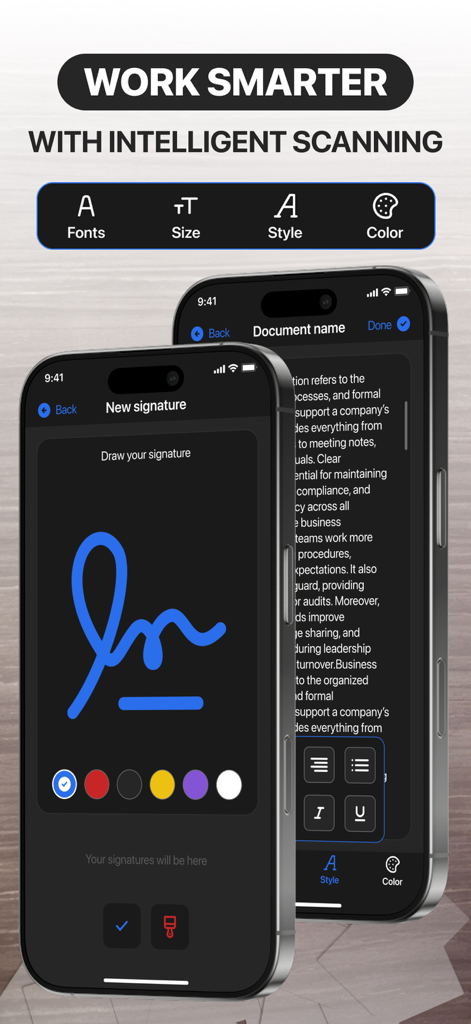 Cam Scanner: Smart Scan to PDF - Smartphone screens showing digital signature creation and document text editing features in Cam Scanner app