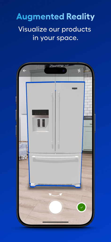 Fonction de réalité augmentée de l'application Lowe's montrant un réfrigérateur dans une cuisine