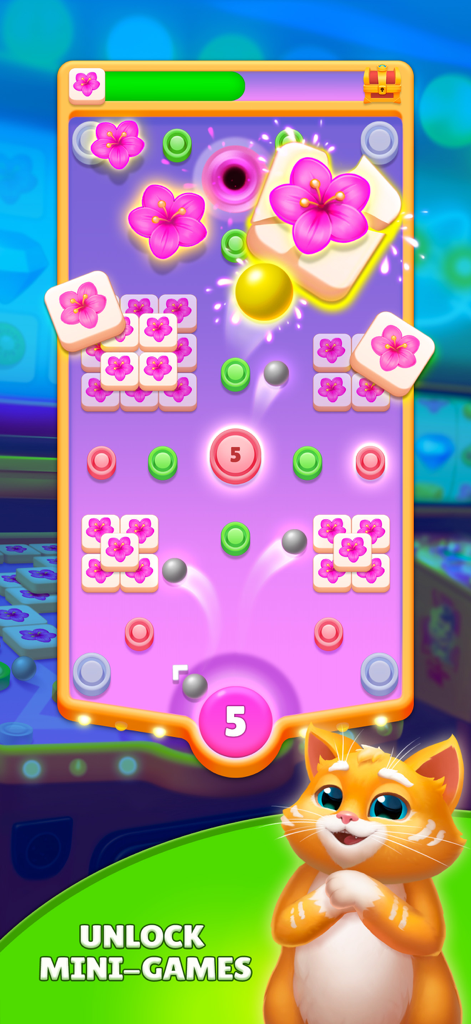 Tile Yard: Matching Game - A colorful arcade mini game in Tile Yard featuring pink flower tiles and a cute ginger cat