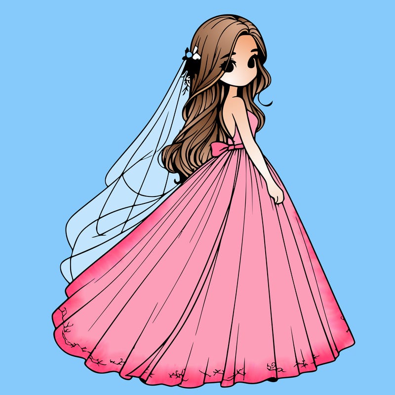 realistic girl in flowing wedding dress