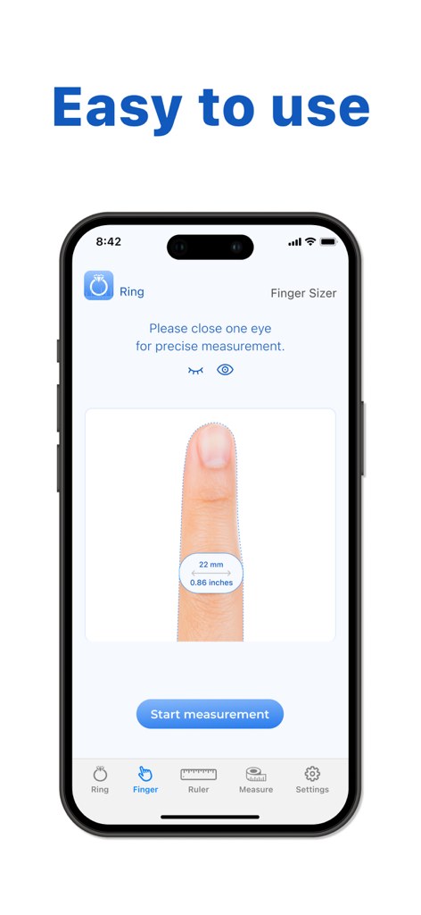 Ring Sizer - Ring Fing - Interfaz de la aplicación Ring Fing mostrando la medición del dedo para la talla de anillos