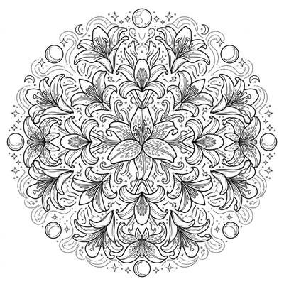 Unwind with this captivating Lily Mandala coloring page, beautifully entwined with serene night-time celestial elements. Explore intricate floral patterns alongside moons and stars for a truly magical coloring experience.