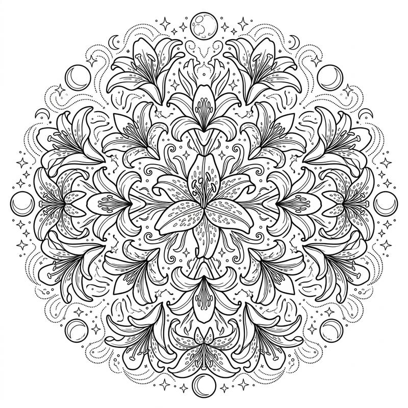 Unwind with this captivating Lily Mandala coloring page, beautifully entwined with serene night-time celestial elements. Explore intricate floral patterns alongside moons and stars for a truly magical coloring experience.