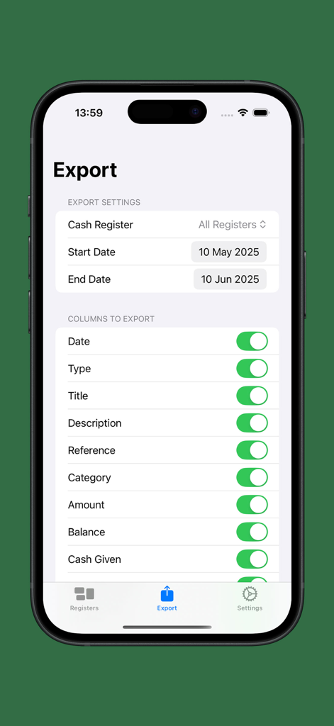 Pantalla de configuración de exportación en la aplicación Cash Register Multi que muestra el rango de fechas y la selección de columnas para informes de ventas.