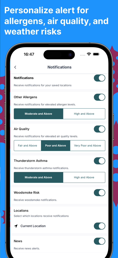 Canberra Pollen Count - Notification settings screen for allergens and air quality alerts in the Canberra Pollen app