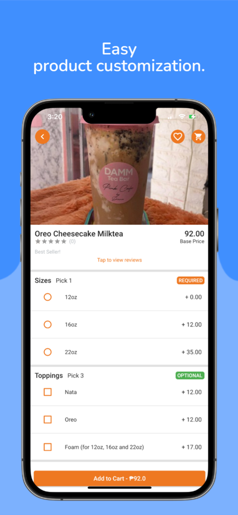 Deliverya - Deliverya mobile app screen showing options to customize a milk tea order with sizes and toppings