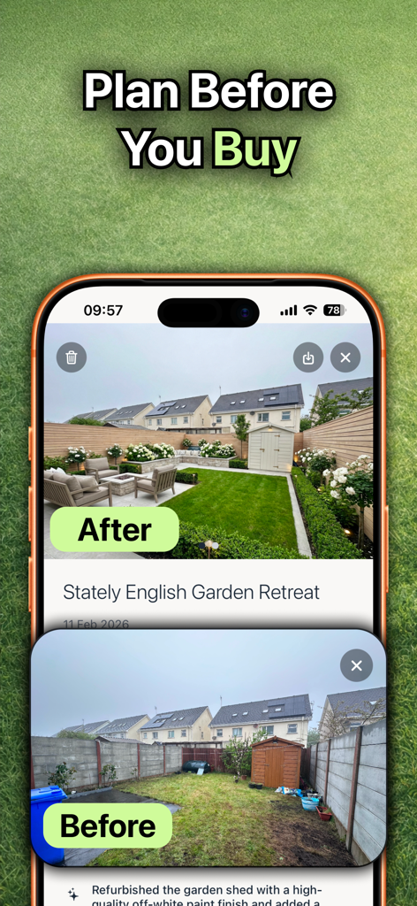 Scapes: AI Landscape Design - Comparación antes y después de un diseño de jardín inglés generado por IA en una pantalla de smartphone