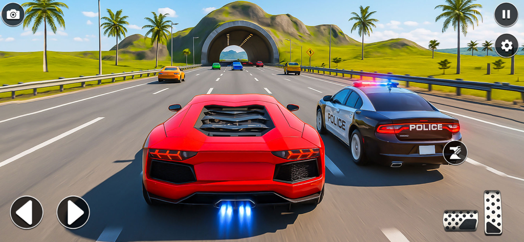 Highway Car Racing Games 2025 - A red sports car and a police car racing on a tropical highway toward a tunnel.