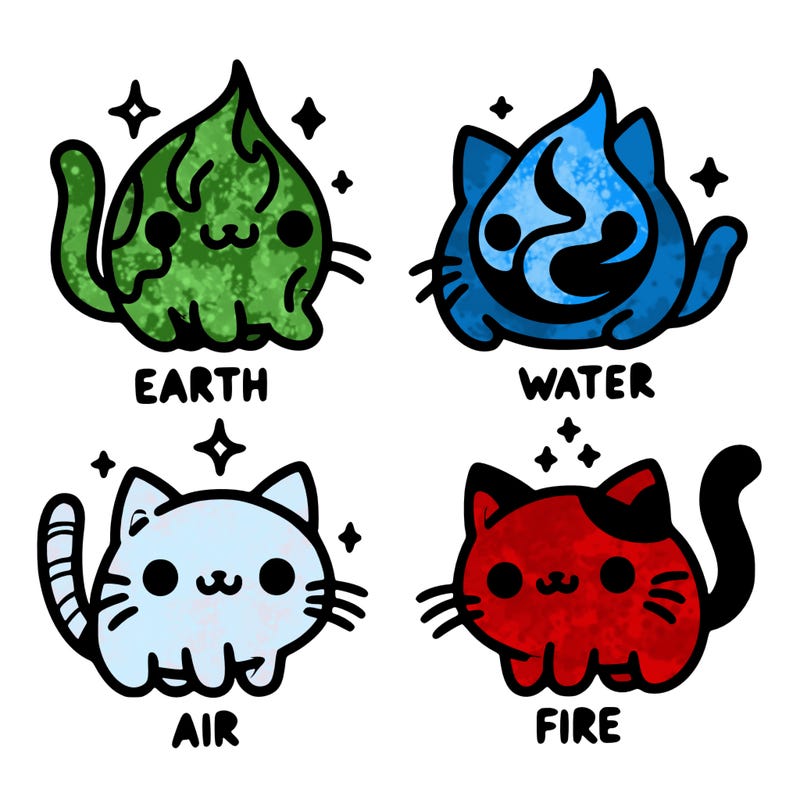 4 cats that represent the different elements, earth, water, air, and fire