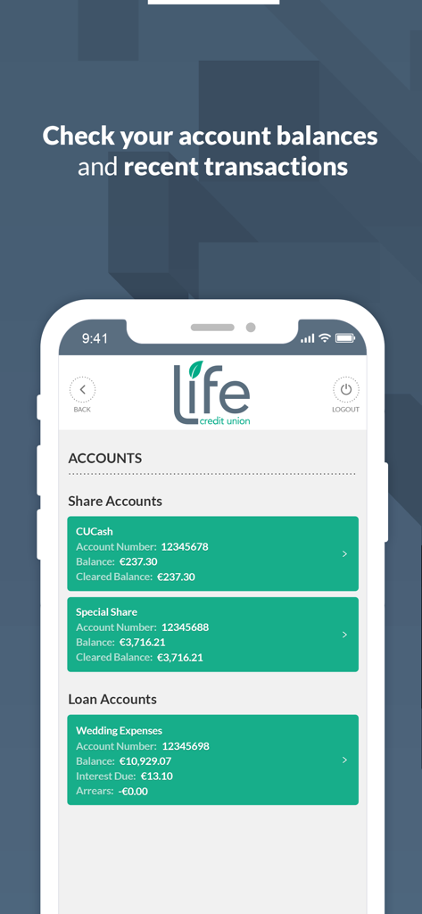 Life Credit Union mobile app interface showing various member account balances including share and loan accounts.