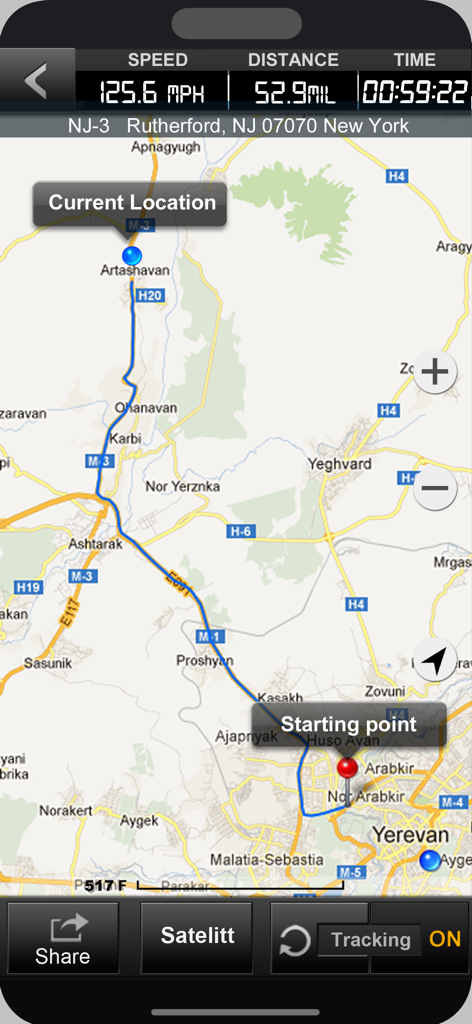 Speedometer GPS+ App zeigt eine verfolgte Route auf einer Karte mit Geschwindigkeits- und Distanzdaten