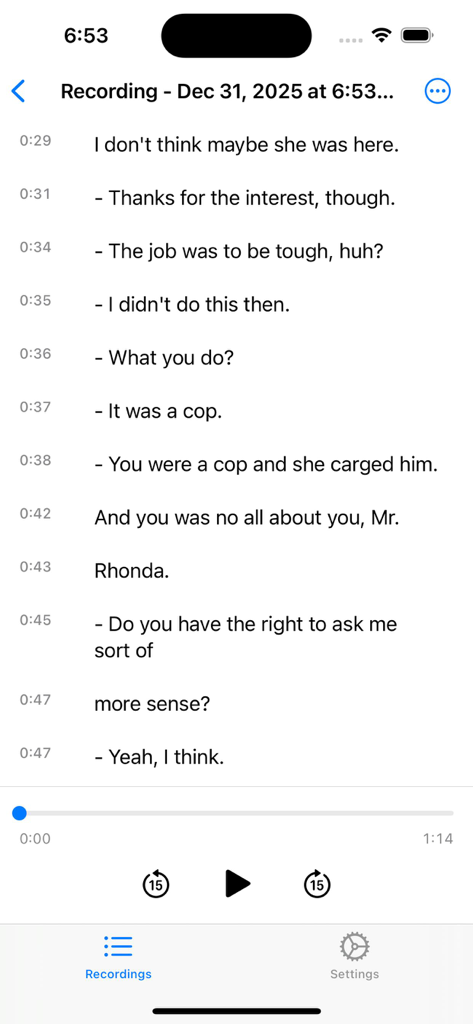 SecureVox - SecureVox app interface displaying a voice to text transcript with timestamps and audio playback controls