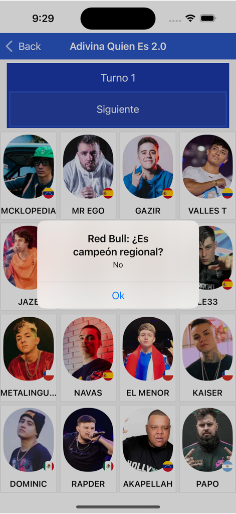 Adivina Quien Es - Gameplay-Bildschirm von Wer bin ich? mit einem Raster von Freestyle-Rappern und einem Pop-up-Fenster mit einer deduktiven Frage