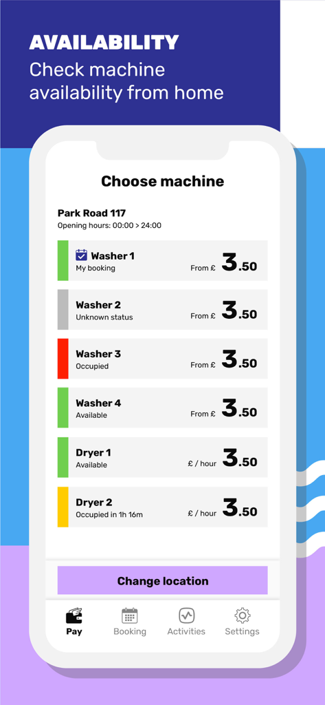 Circuit Go mobile app interface showing a list of washers and dryers with their current availability and prices