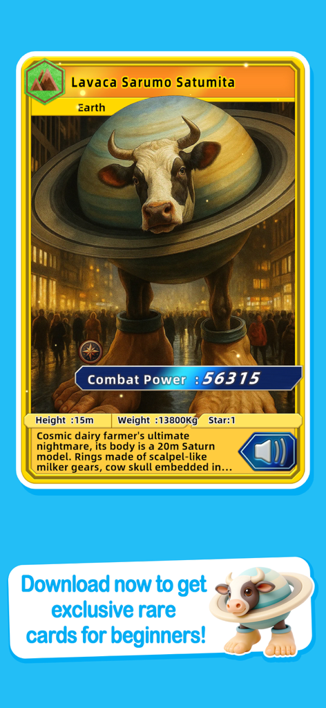 Brainrot Book - Una carta de personaje para Lavaca Sarumo Satumita de la aplicación Brainrot Book que muestra una vaca con cuerpo de planeta y estadísticas de alto poder de combate.