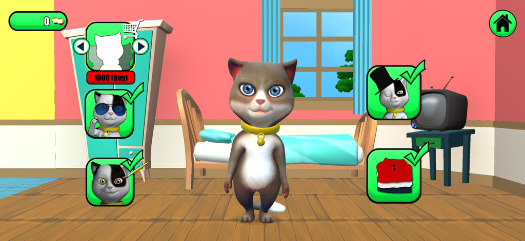 Talking Baby Cat Max Pet Games - Customization screen for Talking Baby Cat Max showing various accessories and pet skins in a bedroom setting.