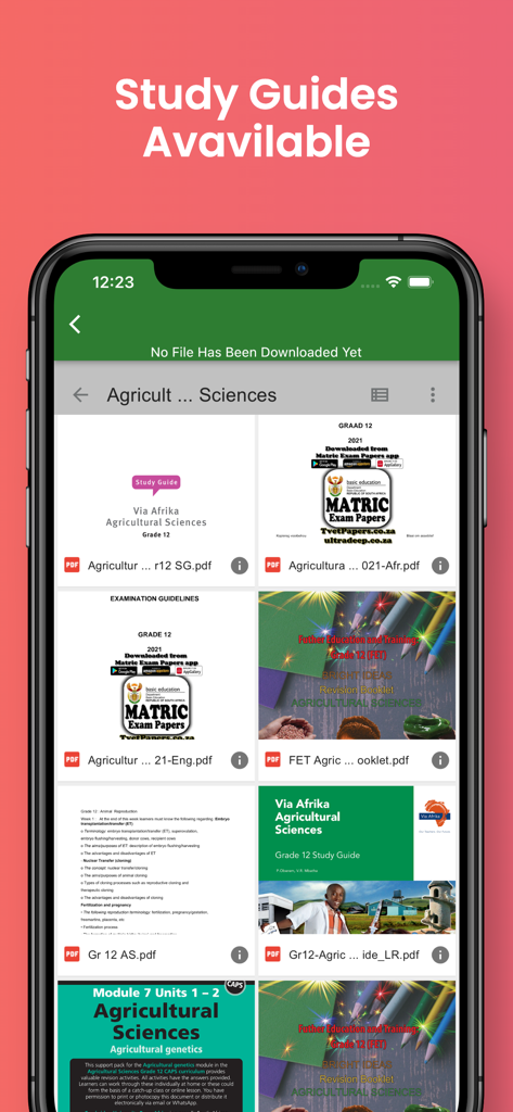 IEB Matric Exam Papers - A mobile interface from the IEB Matric Exam Papers app displaying a grid of Agricultural Sciences study guides and revision booklets for Grade 12 students