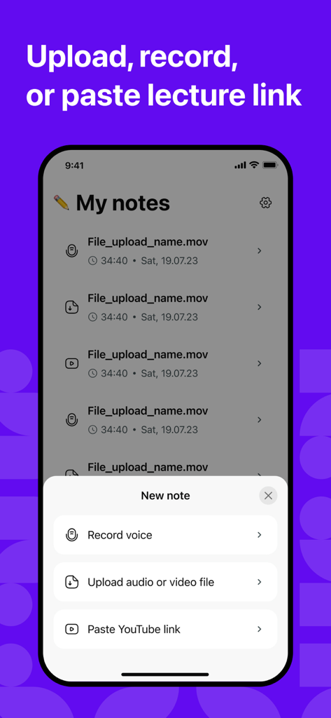 Whynote app interface showing options to record voice, upload audio or video files, or paste a YouTube link to create AI study notes.