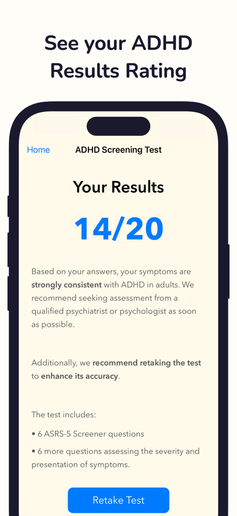 ADHD Test App - Écran des résultats du test de dépistage du TDAH montrant un score de 14 sur 20 avec une recommandation pour une évaluation professionnelle