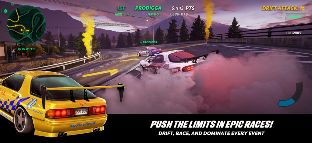 Coches personalizados realizando un ataque de drift en un paso de montaña en Static Shift Racing.