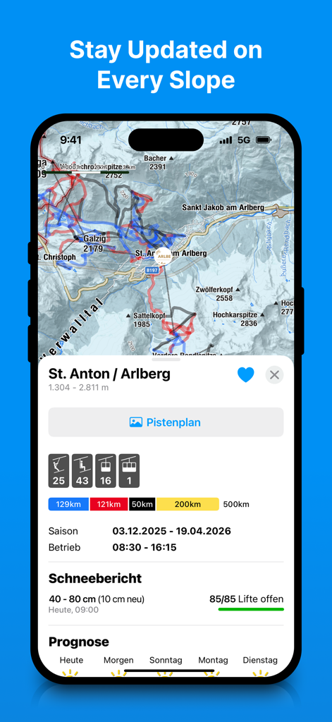 bergfex: Skiing & Tracking - Bergfex app interface showing a ski resort map and snow report for St. Anton Arlberg