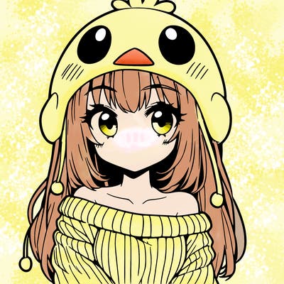 anime girl with chick shaped hat with sweater with bare shoulders with bangs covering them one eye with low tail
